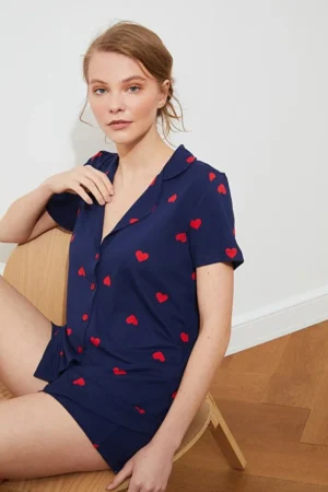Hearted Navy Blue Pajama Set
