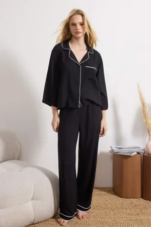 Piping Viscose Woven Pajama Set