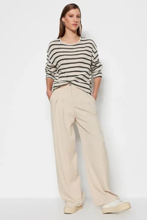 Ecru Linen Look Wide Leg Trousers