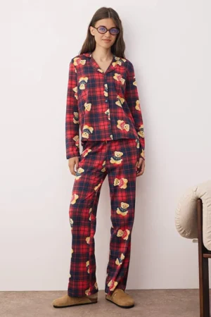 Navy Blue-Red Plaid Pajama Set