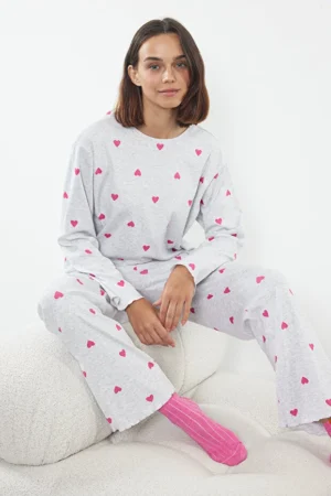 Gray Heart Slogan Pajama Set