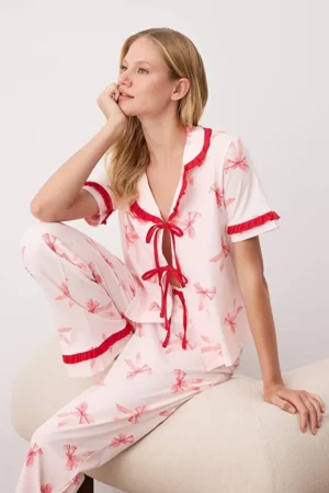 Ribbon/Bow Ruffled Pajama Set