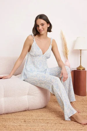 Blue Floral Ruffle Viscose Pajama Set