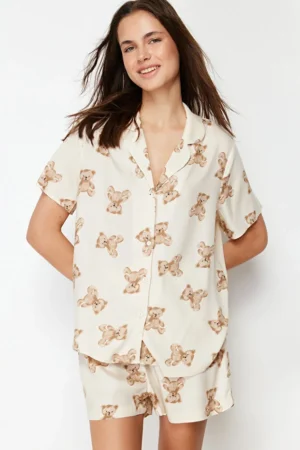 Beige Teddy Bear Shorts Pajama Set