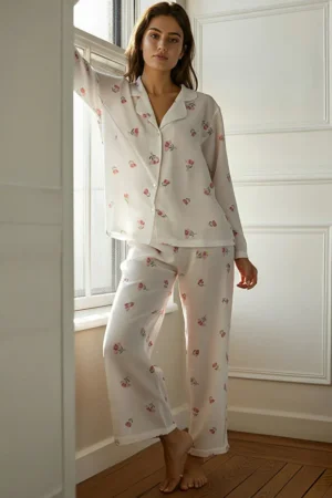 White-Pink Textured Floral Pajama Set