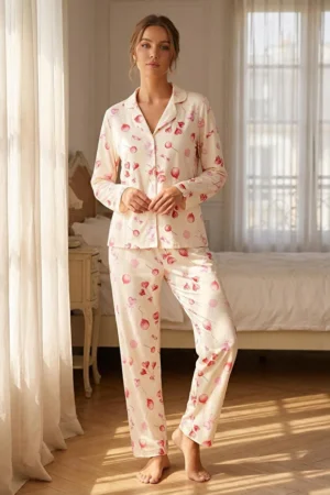 Ecru 100% Cotton Heart Pajama Set