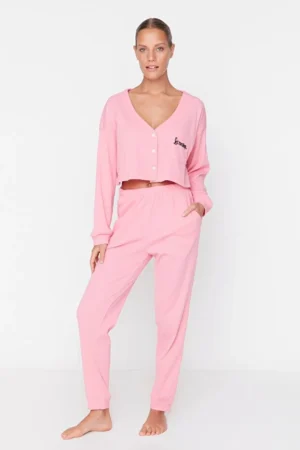 Pink Corded Embroidered Pajamas Set