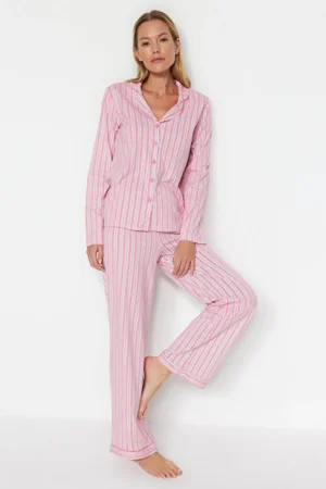 Pink 100% Cotton Striped Pajama Set