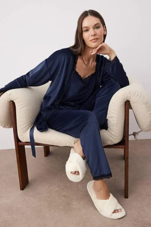Navy 3-Piece Velvet Pajama Set